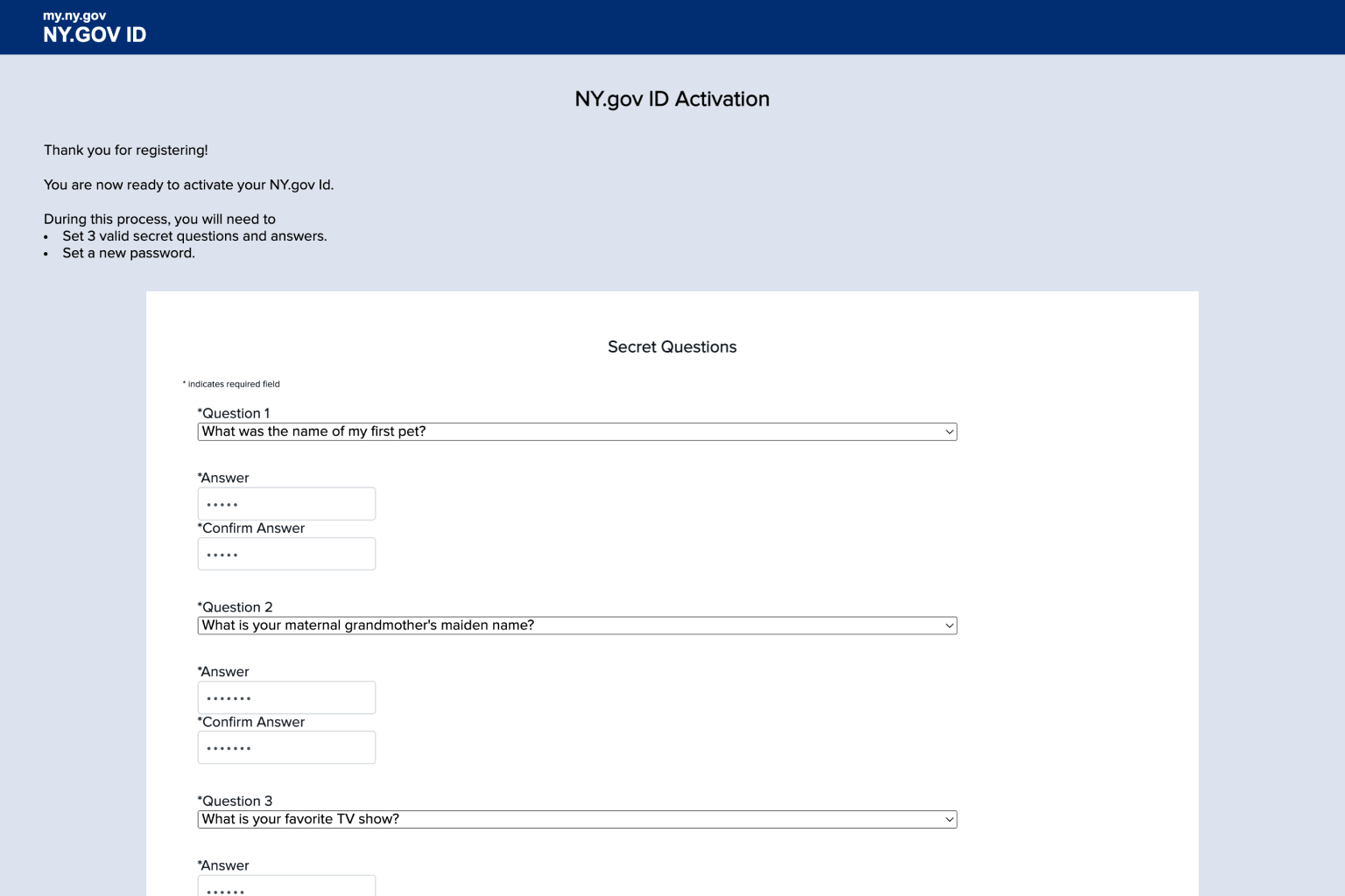 3.6. Enter secret questions for the account recovery
