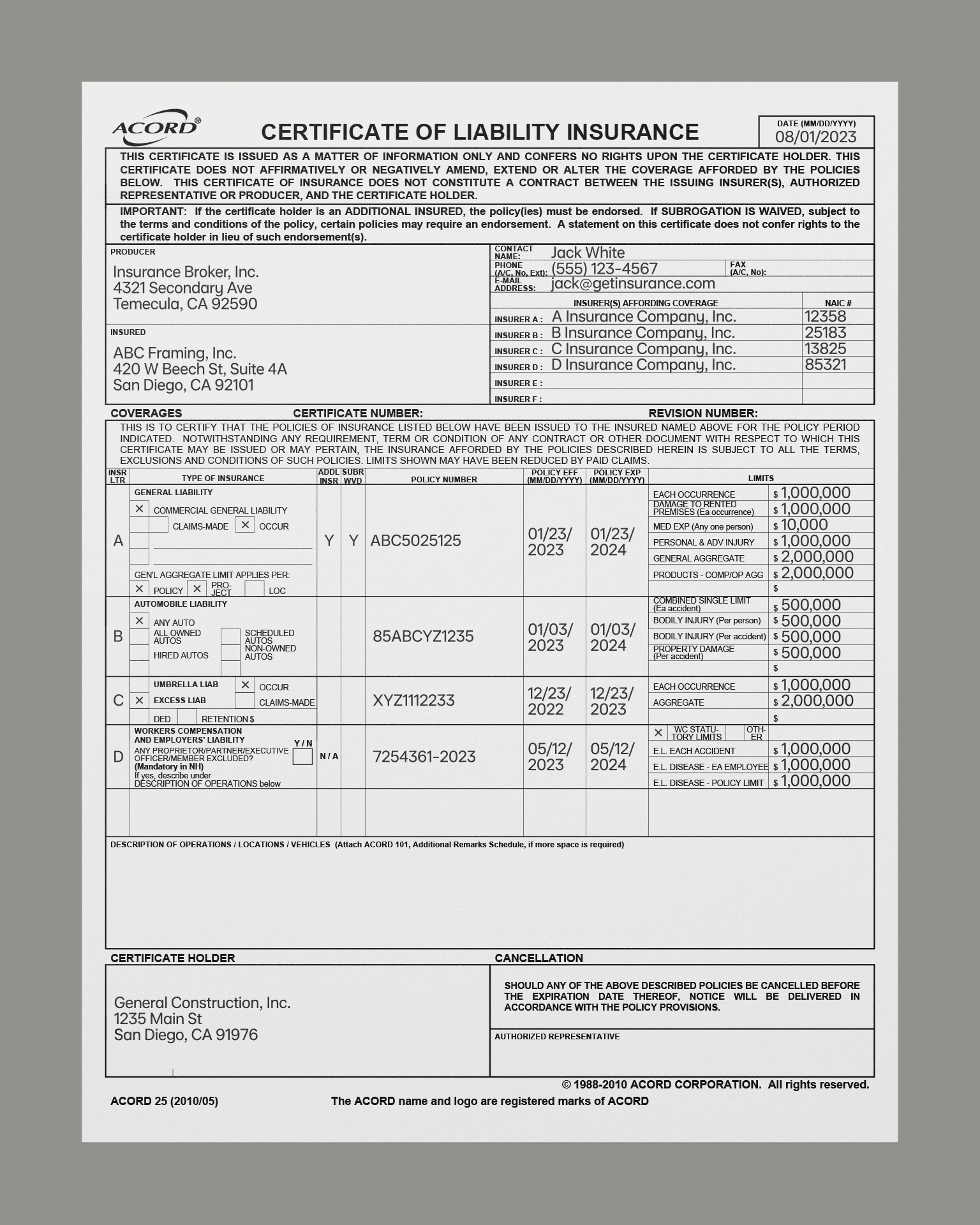 Sample Certificate of Insurance (COI)
