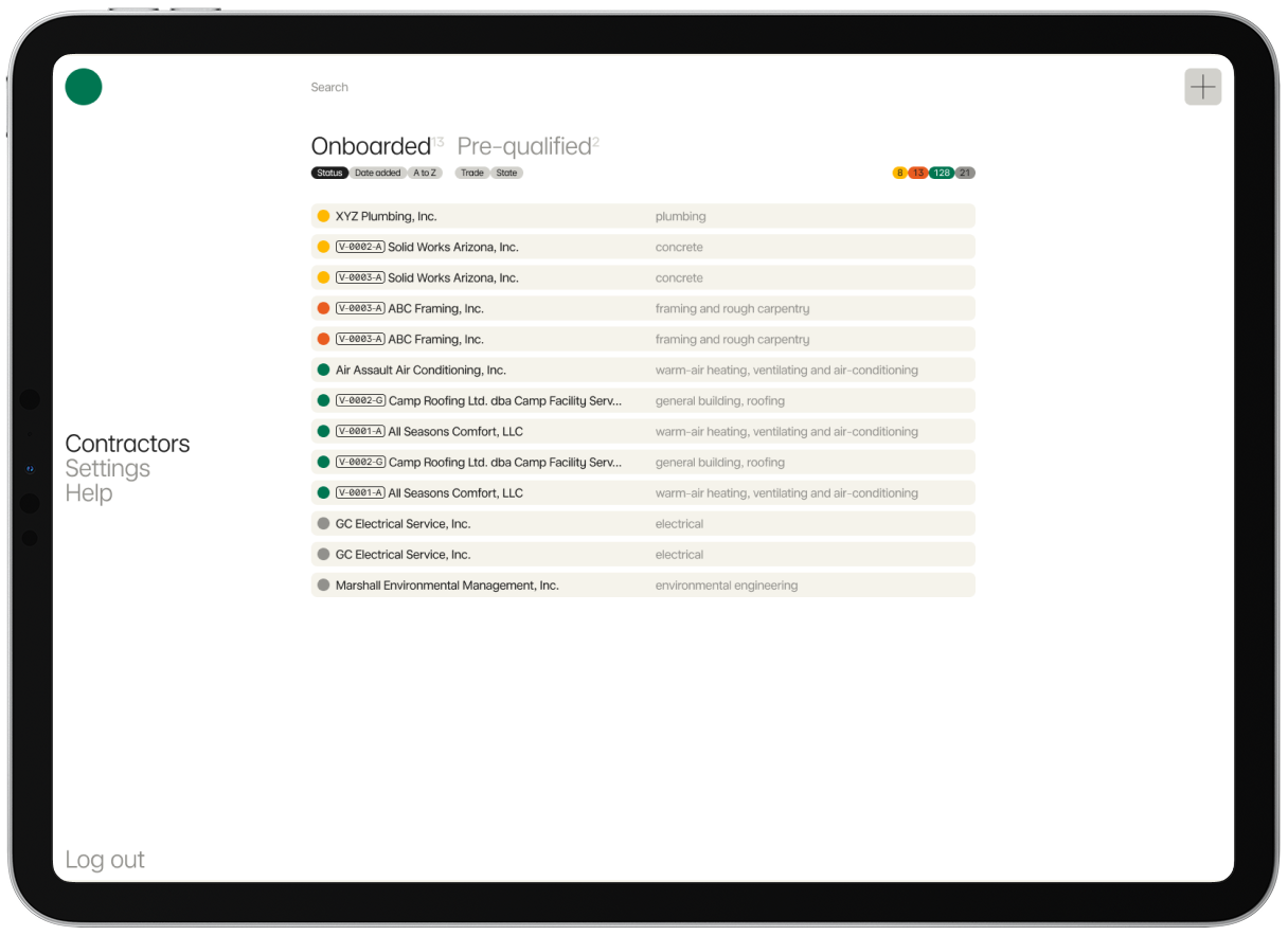 Contractors screen